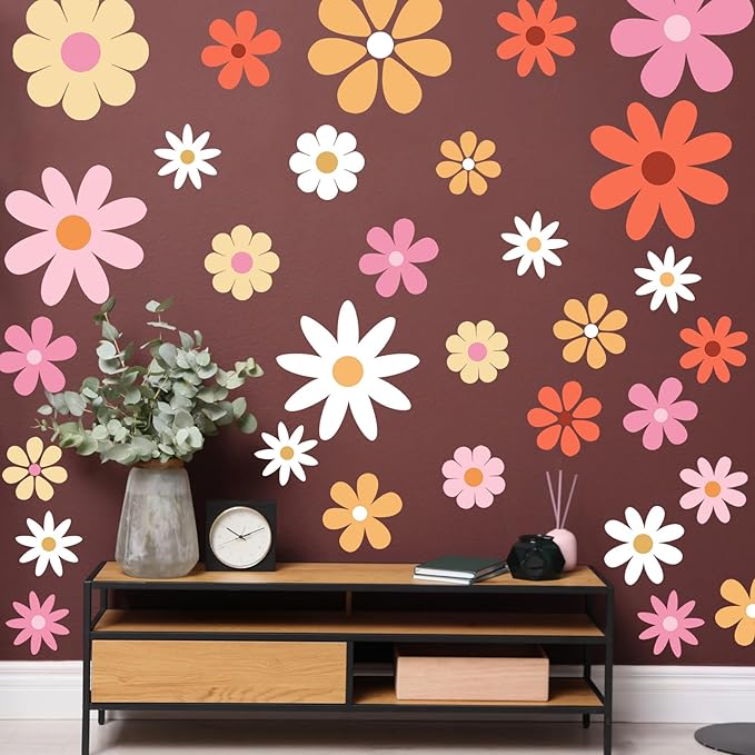 TaoBary 12 Sheets Daisy Wall Decal Flower Wall Sticker Cute Daisy Sticker Pink White Flower Decal Peel and Stick Floral Wallpaper for Nursery Bedroom Home Decor(Bright Color,Bright Style)