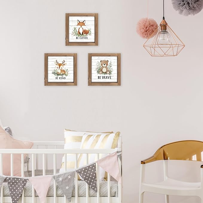 3 Piece Woodland Nursery Wall Decor, Wooden Forest Animal Bear Fox Deer Sign Nursery Art, Nature Jungle Safari Theme Baby Shower Decorations for Home Table Top Shelf Desk Classroom Bathroom