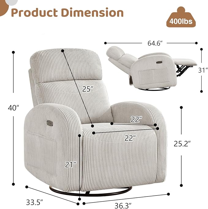 Power Swivel Rocker Recliner Nursery Glider Recliner, Swivel Glider Recliner with USB & Type-C Port, Reclining Nursery Rocker with Double Pockets for Living Room, Camel, Corduroy