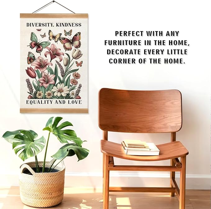 ZTGDA Diversity and Kindness Wall Art,Equality and Love Inspirational Hanging Poster with Butterflies and Flowers, Linen Canvas Print for Office, Classroom, or Home Decor 12x16In (Colour-Diversity)