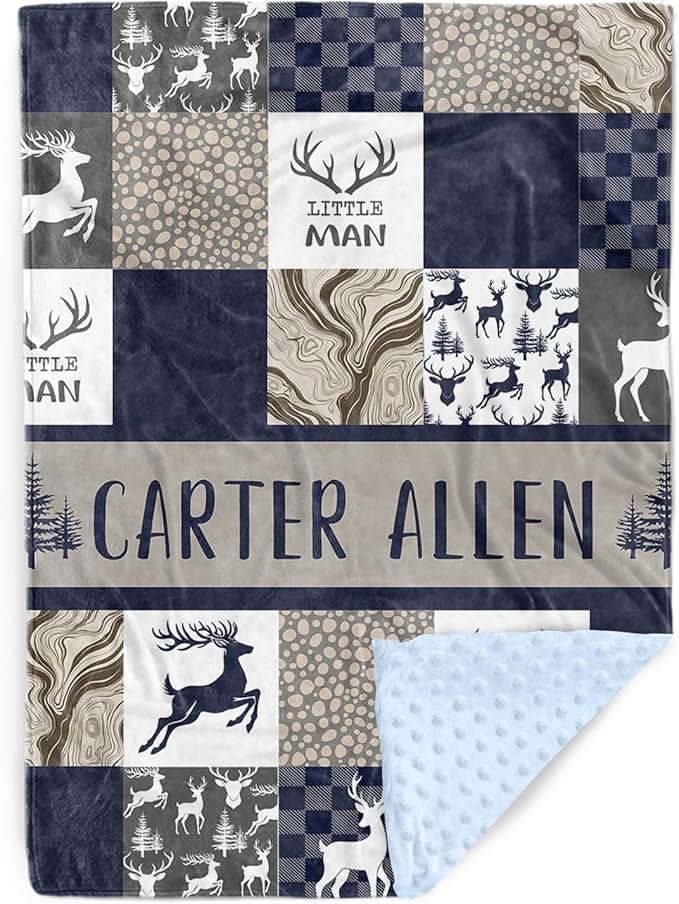 Personalized Baby Blankets for Boys Girls, Custom Name Navy Deer Baby Blanket, Soft Receiving Blanket for Newborns and Toddlers, Ideal for Baby Showers and Nursery Decor