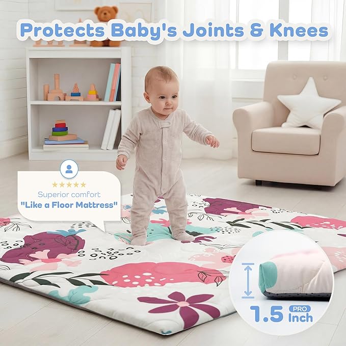 1.5" Thicker Baby Play Mat for Floor, 50x50 Removable & Machine Washable Cover Playpen Mat Softness Foam Mats, Easy-Clean Hygienic, Comfort Safety Kids Crawling Living Room (Floral)