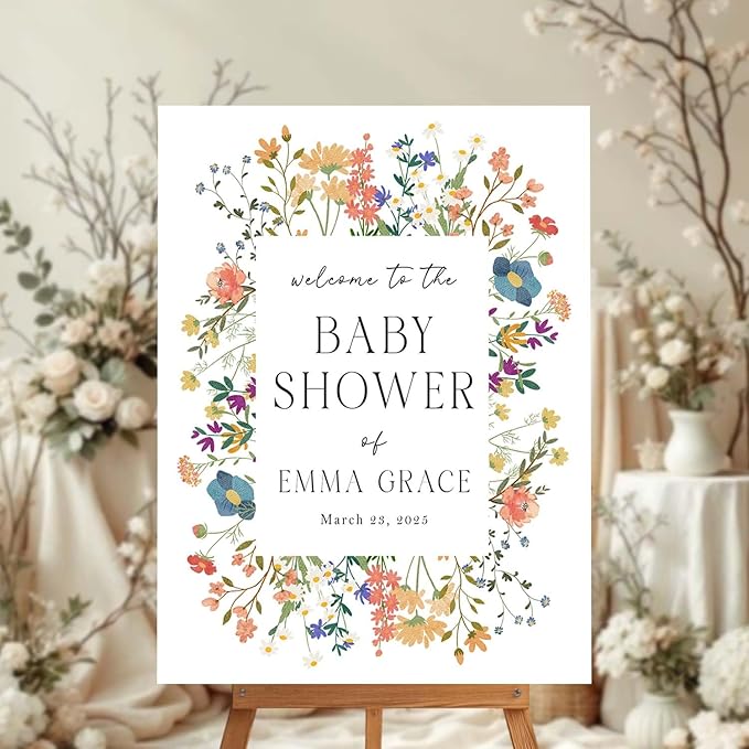 Personalized Floral Frame Baby Shower Welcome Sign - Wildflower Announcement Yard Sign - Elegant Girl Baby Shower Entrance Decor