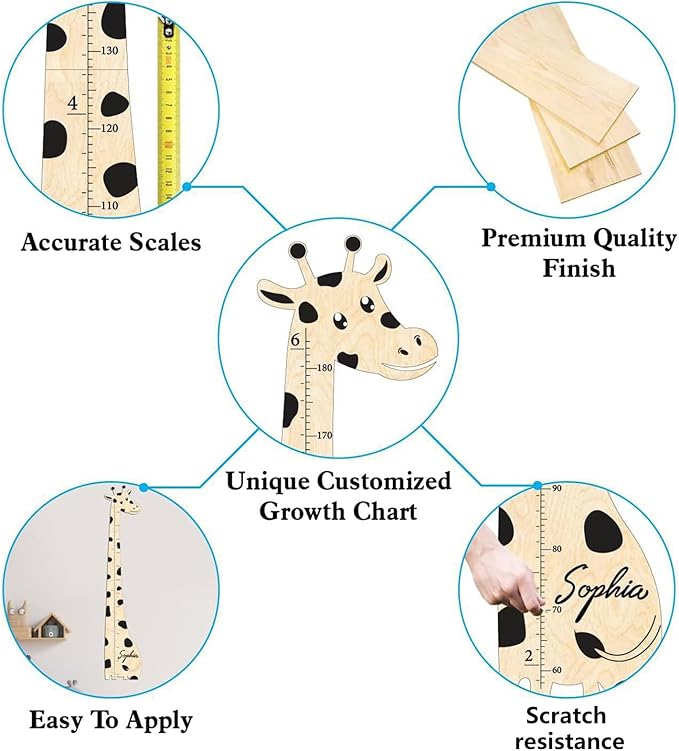 Wooden Giraffe Growth Chart Height Ruler for Wall Decoration Removable Nursery Height Chart for Growth Tracking