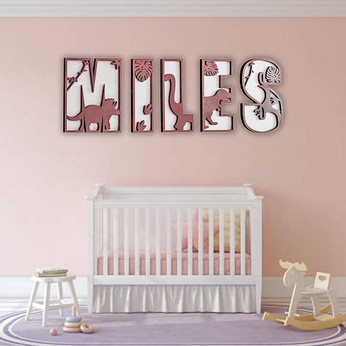 Personalized Wooden Name Sign - Custom Baby Name Signs for Nursery & Kids Room, Baby Announcement Sign, Wall Name Signs Personalized, Round Wooden Letters for Nursery Decor (3D Dinosaur)