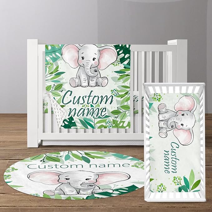 Custom Baby Crib Bedding Set - Green Elephant Design Personalized Name Baby Nursery Bedding 3 Pcs Set - Chic Soft Blanket, Fitted Sheet, Room Rug for Newborns Boys Girls Gifts