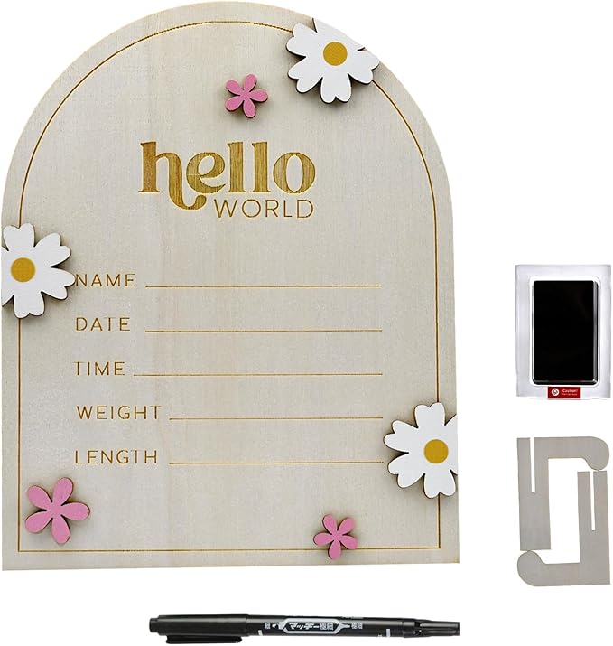 iEvolve Baby Announcement Sign Hello World Wooden Birth Name Sign Welcome Baby Newborn Board Butterflies and White Flowers Nursery Decor for Baby Girls Boys (WhiteDaisy)