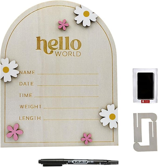 iEvolve Baby Announcement Sign Hello World Wooden Birth Name Sign Welcome Baby Newborn Board Butterflies and White Flowers Nursery Decor for Baby Girls Boys (WhiteDaisy)