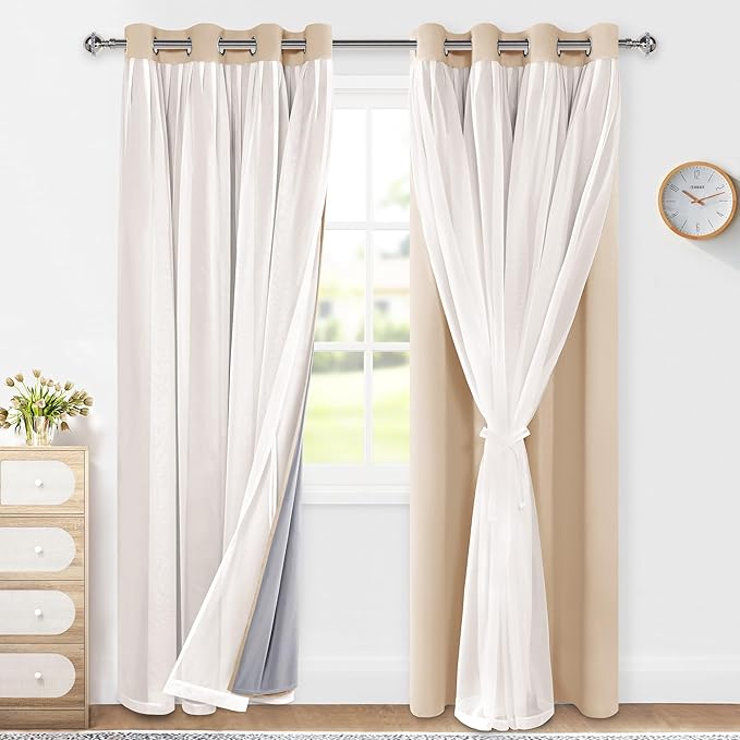 XWZO 100% Blackout Double Layer Curtains, Blackout Curtains with Sheer Overlay for Living Room, Grommet Thermal Insulated Privacy Curtains with Tiebacks, 2 Panels, 52x84, Biscotti Beige