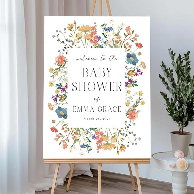 Personalized Floral Frame Baby Shower Welcome Sign - Wildflower Announcement Yard Sign - Elegant Girl Baby Shower Entrance Decor