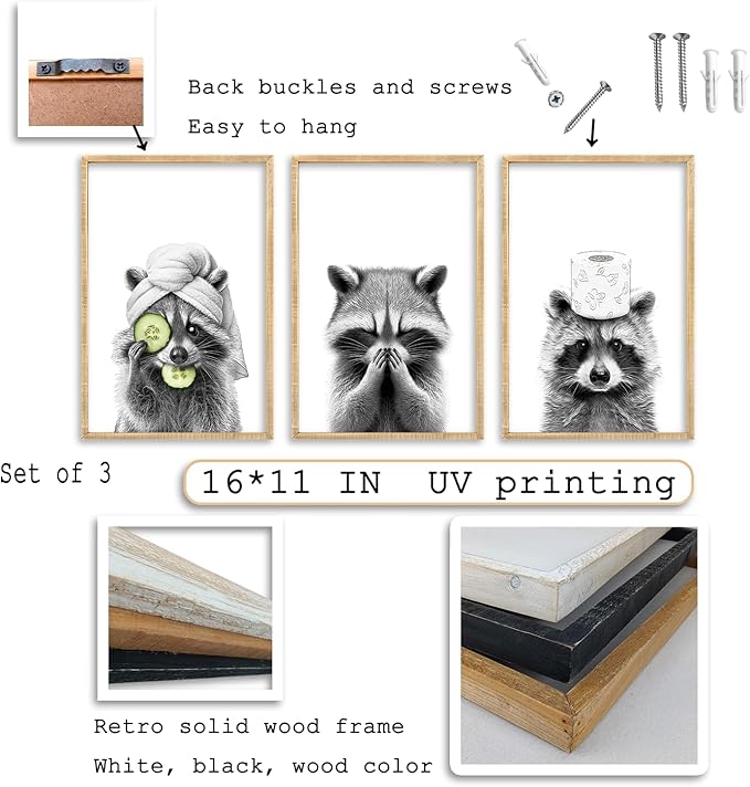 Funny Bathroom Adorable Raccoon Wall Art Decor 16x11 Inch Set Of 3 Laundry Animal Prints Wooden Framed Signs Rustic Washroom Interesting Modren Artwork Wall Hanging Deoration (Wood)