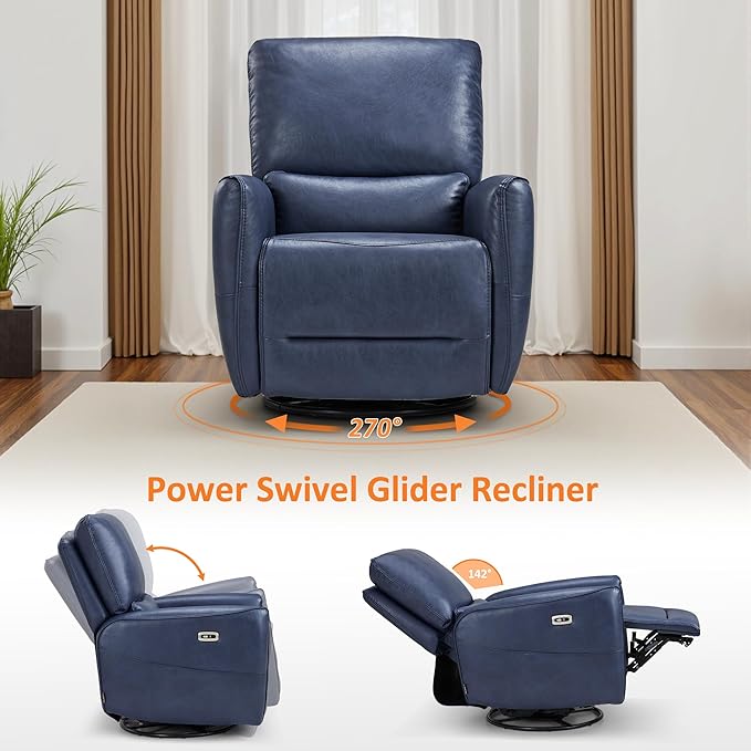 MCombo Power Swivel Rocker Recliner with Lumbar Support, Faux Leather Electric Nursery Glider Recliner Chair for Adults, 6922 (Navy Blue)