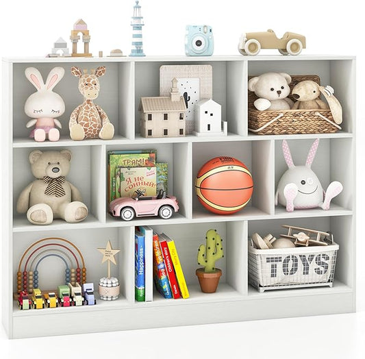 Costzon 10-Cube Bookshelf for Kids, Wooden Toy Storage Organizer w/ 2 Anti-Toppling Kits, 3 Tier Open Shelves & Non-Slip Foot Pads, Montessori Toy Shelf for Kids Rooms, Playroom, Classroom, Nursery