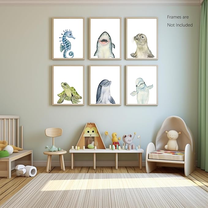 Wodkwq Nursery Wall Art Sea Animal Canvas Prints Baby Girl Boy Room Decor Watercolor Paintings Pictures Cute Ocean Theme Toddler Room Decoration Set of 6 for Kids Bedroom Bathroom 12x16in Unframed