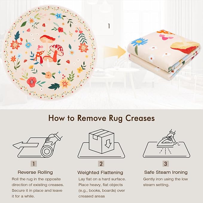 6' Machine Washable Round Area Rug, Non-Slip Vintage Floral Circle Floor Rugs for Kids, Low Pile Room Carpet for Living Room, Bedroom, Dining Room & Nursery(6' Beige Mushroom)