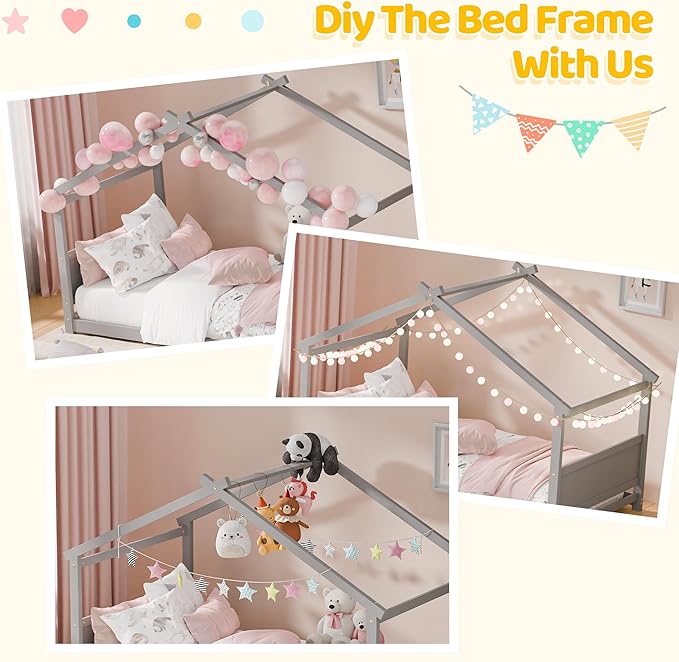 Twin House Bed, Montessori Floor Bed with Headboard & Footboard, Solid Wood Bed Frame for Toddlers Teens Bedroom, No Box Spring Needed, Grey