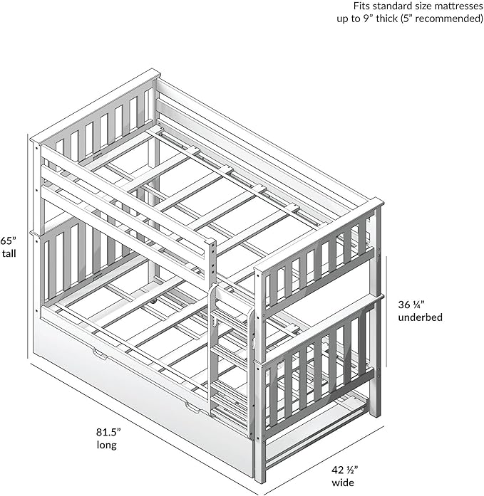 Max & Lily Bunk Bed, Twin-Over-Twin Wood Bed Frame For Kids With Trundle, White