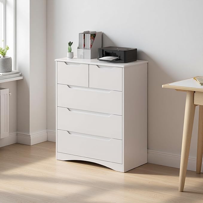Gizoon 5 Drawers Chest, White Dresser for Bedroom with Large Storage Capacity, Chest of Drawers with Embedded Handle, Deep-Drawer Dresser for Closet with Anti-Tip Kit，for Hallway, Office, Living Room