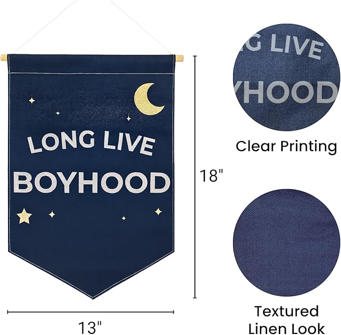 Long Live Boyhood Banner – Double Sided Day & Night Linen-Look Canvas Wall Hanging Flag for Boys Room Decor, Toddler Nursery, Kids Playroom, Bedroom Pennant