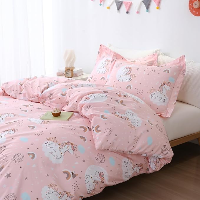 JSD Pink Unicorn Kids Duvet Cover Set Queen Size, 3 Piece Girls Printed Microfiber Bedding Comforter Cover with Pillow Shams Zipper Closure, Comforter Not Included