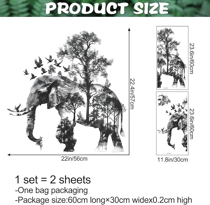 2 Sheets Forests Silhouette Animals Wall Decals - Removable Wild Elephant Tree & Birds Wall Art Decor for Children's Nursery & Living Room