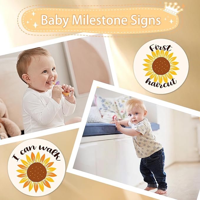 Baby Monthly Milestone Cards Sign - 13Pcs Double Sided Sunflower Milestone Markers, Flower Pattern Wooden Circles Discs Newborn Announcement Marker, Baby Shower Newborn Sign Photo Cards Gift Set