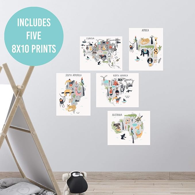 Ritzy Rose 5 Continents World Map Animal Zoo Prints for Kids Whimsical Wall Art - Five Children's Posters Baby's Nursery Child's Bedroom (Unframed) Decor Printed Boys Girls (World Map)