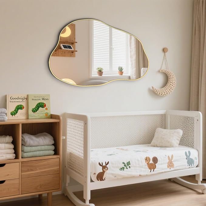 POZINO Gold Irregular Mirror, 30"x20.5" Cloud Shaped Mirrors, Unique Asymmetrical Wall Mirror, Modern Frameless Wall Mirrors for Living Room Bathroom Bedroom Entryway