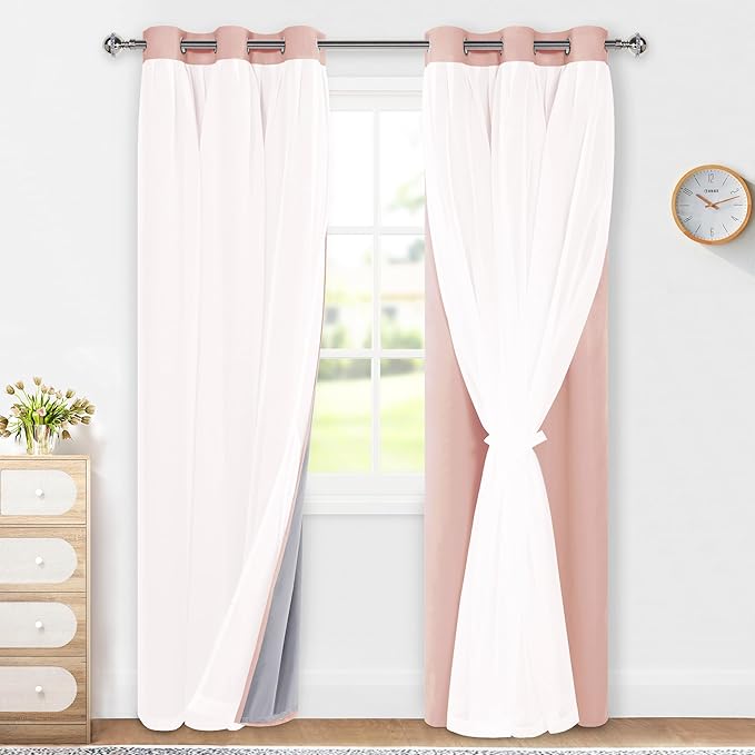 XWZO 100% Blackout Double Layer Curtains for Nursery, Blackout Curtains with Sheer Overlay for Girls Bedroom, Grommet Thermal Insulated Privacy Curtains with Tiebacks, 2 Panels, 52x84, Blush