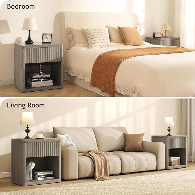 Night Stand Set of 2, Fluted Nightstand with Drawers, Wood Bedside Table with Storage, Bed Side Table Modern Nightstands Wide Night Stands, Sofa End Tables Side Tables for Bedroom Living Room