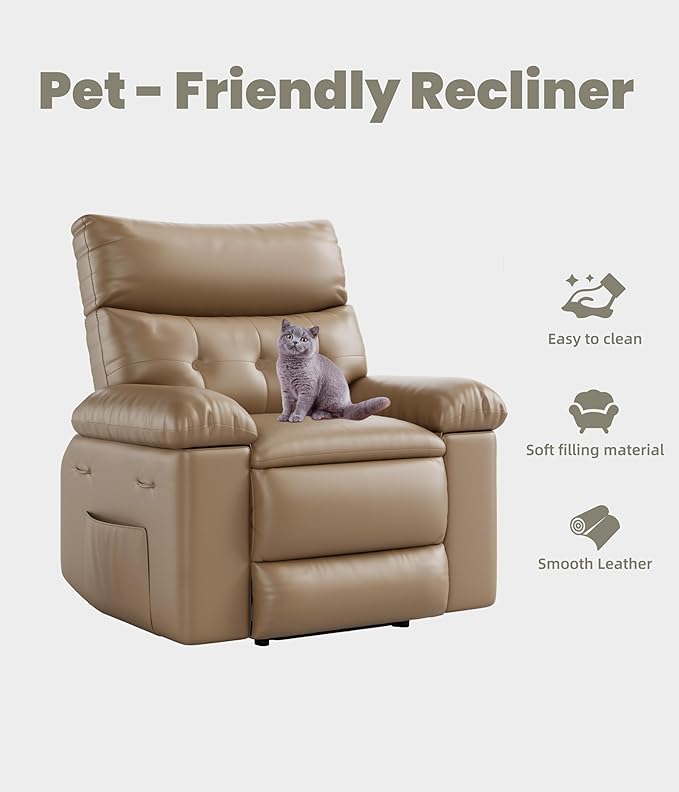 GarveeHome Oversized Recliner Chair - PU Leather Manual Recliner for Adults, Lazy Chair with 1.5X Sponge Comfort Arm and Back for Living Room, Bedroom