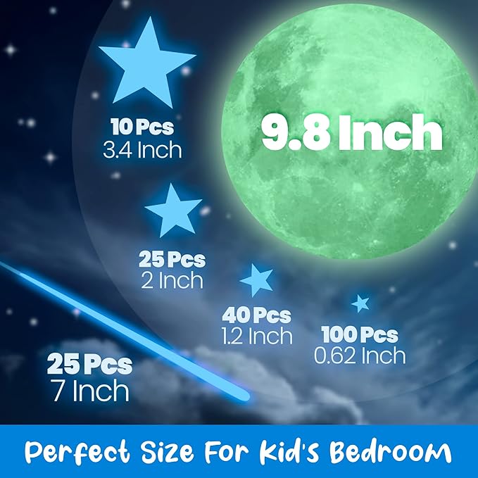 Glow in The Dark Moon and Stars Wall Decal, Luminous Wall Decor, Sticky Fluorescence Moon, Gift for Boy and Girl Perfect for Kids Nursery Bedroom Living Room (Blue)