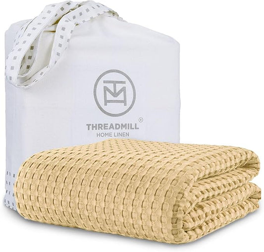 Threadmill Cooling Blanket Twin Size Waffle Weave| Breathable, Lightweight & Ultra-Soft | Made from Rayon Derived from Bamboo | Waffle Throw for Couch and Sofa | 68 x 92 Inches | Beige