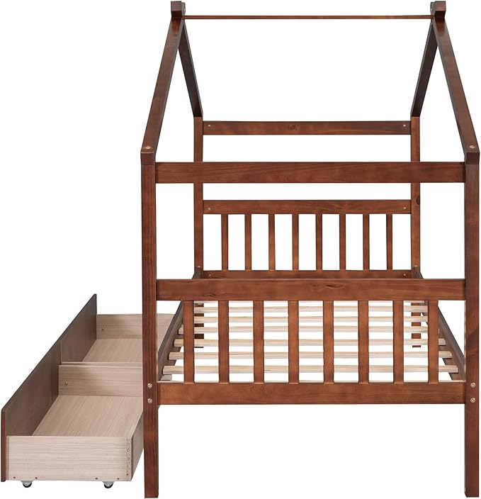 Merax Twin Size Wooden House Bed with Two Drawers, Wood Bed Frame with Roof for Kids, Teens, Boys or Girls, Walnut