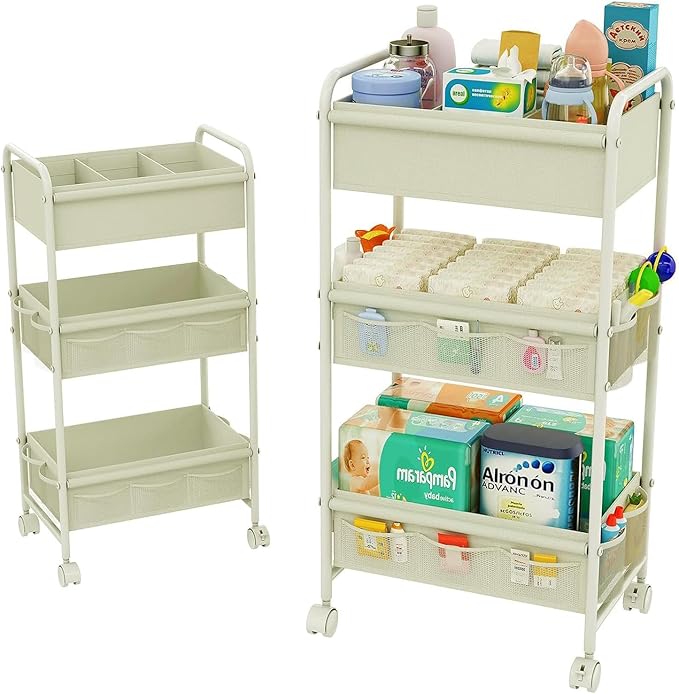 3-Tier Baby Diaper Caddy Cart Organizer,Mobile Nursery Storage Cart with Wheels,With 2 Dividers&14 Mesh Pockets Durable Metal Utility Cart for Nursery, Bedroom, Bathroom, Baby Essentials Organization