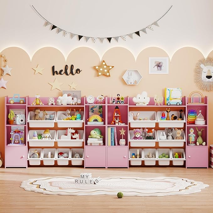Costzon 56'' Kids Toy Storage Organizer with 8 Removable Bins, 4-Tier Toddler Bookshelf Cubbies, Preschool Children's Montessori Bookshelf w/6 Large Cabinet for Playroom, Daycare, Kids Room, Classroom