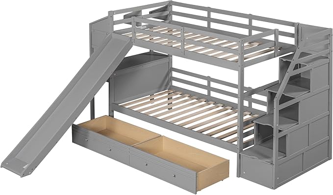 Twin Over Twin Bunk Bed with Storage Staircase and Slide, Wooden Bunk Bed Frame with Desk and Drawers, Multifunctional Bunk Bed for Kids Teens Adult Bedroom (Gray + Pine-Twin-04)