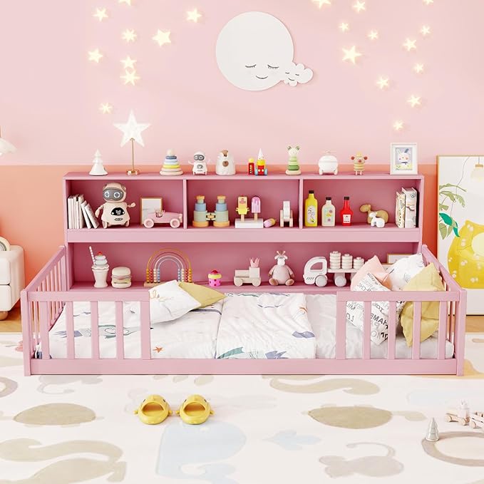 KOMFOTT Twin Floor Bed with Bookcase & Shelves, Wood Bed Frame with Bedside Bookshelves & Guardrails, Versatile 2-in-1 Montessori Floor Bed for Kids (Twin,Pink)