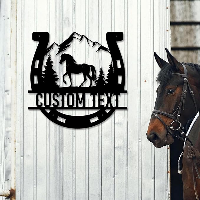Personalized Horse Metal Sign with Horseshoe – Custom Name Rustic Farm & Home Decor, Black Wall Art