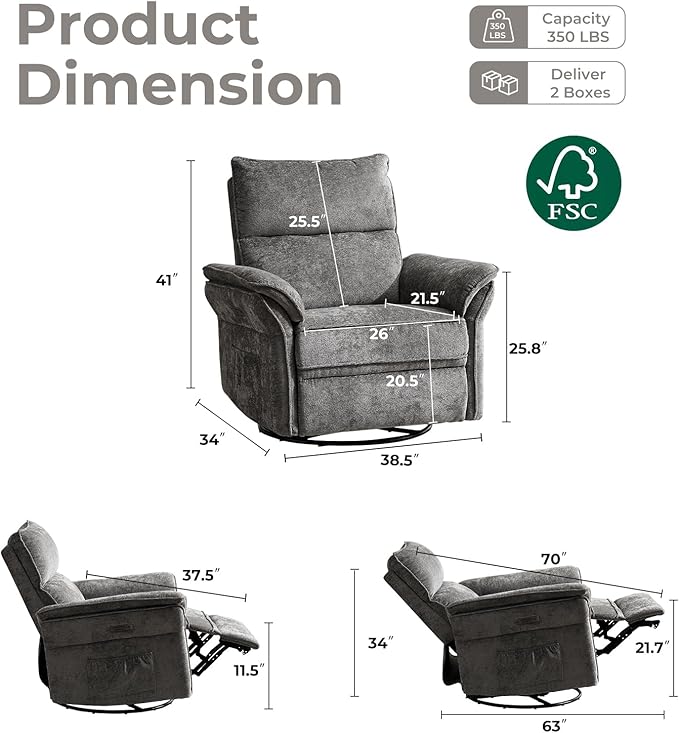 Oversized Power Recliner Chair Swivel Glider with Massage and Heat, Rocker Nursery Recliner for Adults with Adjustable Headrest, 26" Extra Wide Nursery Chair with Overstuffed Armrest, Dark Grey