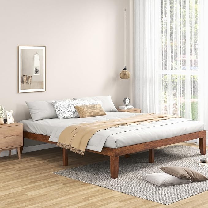 KOMFOTT 14 Inches Wood Platform Bed Frame King Size, Wooden Mattress Foundation with Rubber Wood Frame, Strong Wooden Slat Support, No Box Spring Needed, Bed Frame (Brown Cherry)