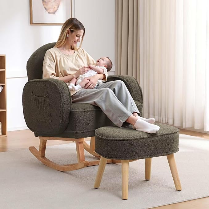Rocking Chair with Ottoman, Nursery Glider Rocker with High Backrest and Side Pocket, Teddy Rocking Accent Armchair with Solid Wood Legs for Nursery, Living Room, Bedroom Green