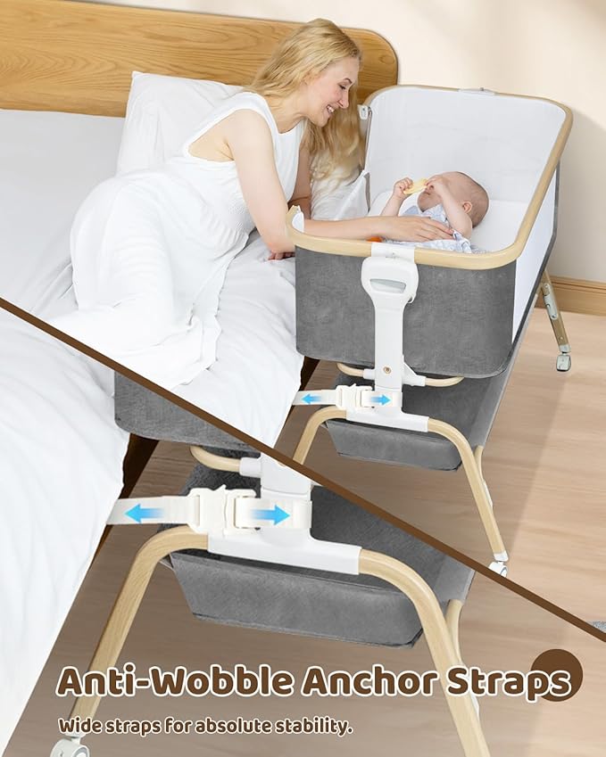 Baby Bassinet, Rocking Bedside Sleeper, Detachable & Portable Bassinet with 8-Level Height, Breathable Mesh, Storage Basket & Rotating Mobile Toy for Newborns Infant(Light Grey)