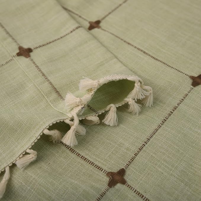 Deeprove Green Boho Curtains for Bedroom 84 Inches Long, Sage Checkered Bohemian Chic Textured Embroidery Plaids, Vintage Tassels Country Decor Drapery, Rod Pocket, 1 Panel W52 x L84, Light Mint