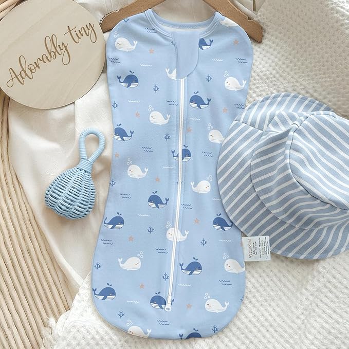 Baby Swaddle 0-2 Months, Cotton Arm-In Zipper Sleep Sack, Wearable Blankets Wrap for Newborn Infant Girls and Boys (Whale, Anchor, Pack of 2)
