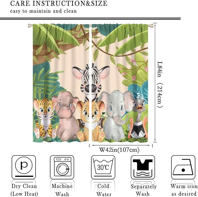 Animals Curtains Colorful Forest Cartoon Cute Zebra Tiger Elephant for Kids Boys Girls Nursery Bedroom Living Room Blackout Rod Pocket Decoration Window Drapes 2 Panels W42xL84in