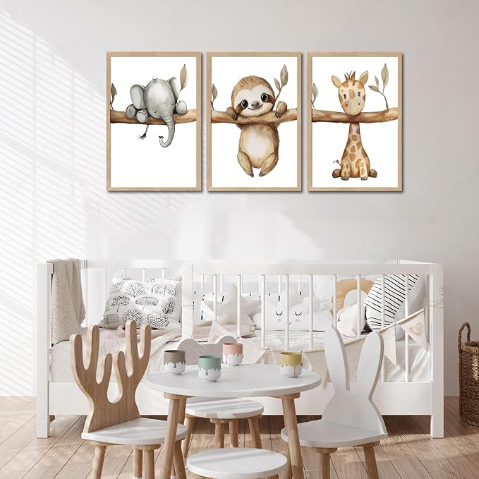 3Pcs Nursery Animal Wall Art Safari Nursery Canvas Poster Prints Jungle Kids Painting Cute Animal Elephant Sloth Giraffe Artwork Picture Wall Decor for Boys Room Girls Room 16x24in Unframed