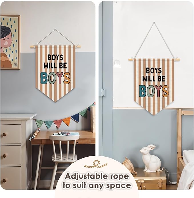 Wheatwin Boy Room Decor, Boys Will Be Boys Wall Hanging Pennant Flag Banner, Neutral Striped Kids Wall Decor for Nursery Toddler Room Bedroom Playroom 15x11 Inch