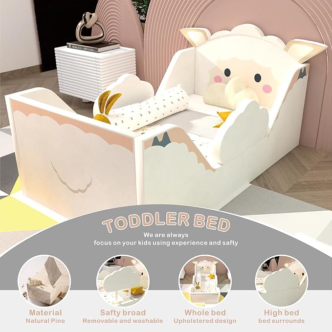 Toddler Beds, Child Bed for Kids with Extra Safty Broad, Standard Crib Size AnimalToddler Bed, Certified Fabric Toddler Beds,Toddler Floor Beds (Sheep)