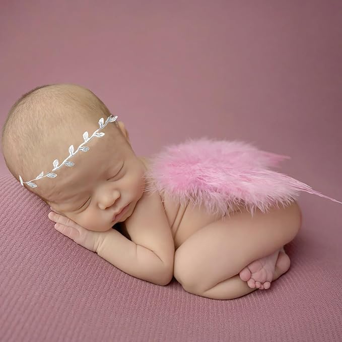 2PCS Pink Angel Wings With Leaf Headband For Newborn Infant Photo Props Soft Feather Wings For Kids Photo Outfits Baby Girls Costume(Color G, One Size)